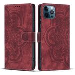 Per iPhone 12 / 12 Pro Custodia per telefono in pelle smerigliata retrò con motivo mandala in rilievo (rosso)