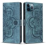 Per iPhone 12 / 12 Pro Custodia per telefono in pelle smerigliata retrò con motivo mandala in rilievo (blu)