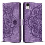 Per iPhone XR Custodia per telefono in pelle smerigliata retrò con motivo mandala in rilievo (viola)