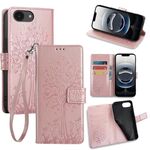 Per iPhone 16e Custodia in pelle goffrata con motivo albero e cervo (oro rosa)