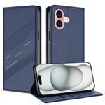 Per iPhone 16 Custodia per telefono in pelle retrò con portafoglio multifunzionale in rilievo (blu scuro)