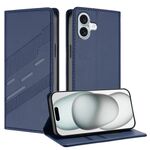 Per iPhone 16 Plus Custodia per telefono in pelle retrò con portafoglio multifunzionale in rilievo (blu scuro)