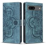 Per Google Pixel 8 Custodia per telefono in pelle smerigliata retrò con motivo mandala in rilievo (blu)