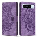 Per Google Pixel 8 Pro Custodia per telefono in pelle smerigliata retrò con motivo mandala in rilievo (viola)