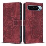 Per Google Pixel 9 Pro XL Custodia per telefono in pelle smerigliata retrò con motivo mandala in rilievo (rosso)