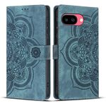 Per Google Pixel 9a Custodia per telefono in pelle smerigliata retrò con motivo mandala in rilievo (blu)
