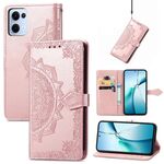 Custodia in pelle goffrata con motivo mandala floreale per OPPO Reno13 (oro rosa)