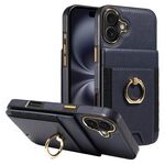 Custodia in pelle per iPhone 16 Plus con anello multifunzione verticale e flip, con retro a portafoglio (blu scuro)