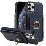 Custodia in pelle per iPhone 13 Pro con anello multifunzione, verticale, con chiusura a portafoglio e retro (blu scuro)