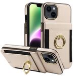 Custodia per iPhone 13 con anello multifunzione, verticale, con portafoglio e cover posteriore in pelle (beige)