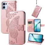 Custodia in pelle goffrata con motivo a farfalla e fiori per OPPO Reno13 Pro (oro rosa)