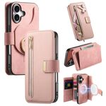 Custodia in pelle con cerniera ad anello per iPhone 16 Plus, anti-RFID, MagSafe (rosa)