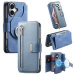 Custodia in pelle con blocco RFID e MagSafe per iPhone 16 Plus con cerniera ad anello (blu)