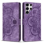 Custodia per telefono in pelle smerigliata retrò con motivo mandala in rilievo per Samsung Galaxy S25 Ultra 5G (viola)