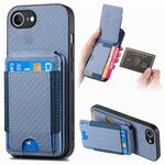 Custodia per iPhone 16e con supporto verticale a portafoglio e apertura a scatto in fibra di carbonio (blu)