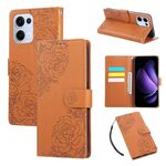 Custodia in pelle con 3 slot per carte di credito e motivo a rose in rilievo per OPPO Reno13 5G (marrone)
