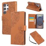 Custodia in pelle con 3 slot per carte di credito e motivo a fiori di rosa per Samsung Galaxy S25 Ultra 5G (marrone)