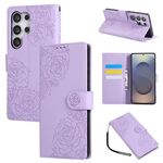 Custodia in pelle con 3 slot per carte di credito e motivo a fiori di rosa per Samsung Galaxy S25 Ultra 5G (viola)