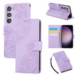Custodia in pelle con 3 slot per carte di credito e motivo a fiori di rosa per Samsung Galaxy S23 5G (viola)
