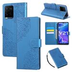 Custodia in pelle con 3 slot per carte di credito e motivo a rose in rilievo per vivo Y21 2021 / Y33s (blu)