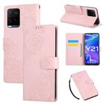 Custodia in pelle con 3 slot per carte di credito e motivo a rose in rilievo per vivo Y21 2021 / Y33s (rosa)