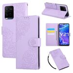 Custodia in pelle con 3 slot per carte di credito e motivo a rose in rilievo per vivo Y21 2021 / Y33s (viola)