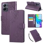 Custodia in pelle con 3 slot per carte di credito e motivo a rose in rilievo per vivo Y78 5G (viola scuro)