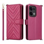 Custodia in pelle multifunzionale con 6 slot per schede per OPPO Reno13 5G, con cinturino da polso (rosso rosa)
