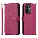 Custodia in pelle multifunzione con 6 slot per schede per OPPO Reno13 F 4G / 5G con cinturino da polso (rosso rosa)