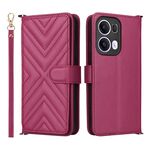 Custodia in pelle multifunzionale con 6 slot per schede per OPPO Reno13 Pro 5G, con cinturino da polso (rosso rosa)
