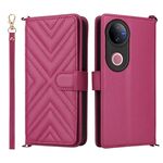 Custodia in pelle multifunzionale con 6 slot per schede per vivo V50 5G e cinturino da polso (rosso rosa)