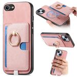 Custodia per iPhone 16e con inserto laterale in pelle con anello a croce retrò e tasca porta carte MagSafe (rosa)