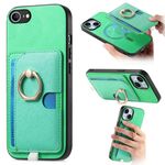 Custodia per iPhone 16e con inserto laterale in pelle con anello a croce retrò e tasca porta carte MagSafe (verde)