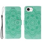 Custodia in pelle con stampa mandala solare per iPhone 16e (verde)