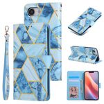 Custodia per iPhone 16e in pelle con cuciture color bronzo marmorizzato (blu)