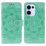 Custodia in pelle per telefono OPPO Reno13 con motivo in rilievo Sun Mandala (verde)