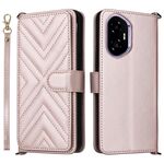 Custodia in pelle multifunzione con 6 slot per schede per Honor 300 5G e cinturino da polso (rosa)