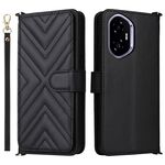 Custodia in pelle multifunzione con 6 slot per schede per Honor 300 5G e cinturino da polso (nera)