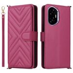 Custodia in pelle multifunzione con 6 slot per schede per Honor 300 5G e cinturino da polso (rosso rosa)