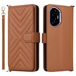 Custodia in pelle multifunzione con 6 slot per schede per Honor 300 5G e cinturino da polso (marrone)