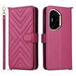 Custodia in pelle multifunzione con 6 slot per schede per Honor 300 Pro 5G / 300 Ultra 5G con cinturino da polso (rosso rosa)