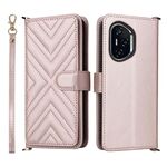 Custodia in pelle multifunzione per Honor 400 con 6 slot per schede e cinturino da polso (rosa)
