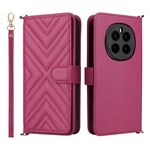 Custodia in pelle multifunzione con 6 slot per schede per Honor Magic7 5G e cinturino da polso (rosso rosa)