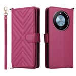 Custodia in pelle per Honor X60 5G / X9c, multifunzione, intelligente, con 6 slot per schede e cinturino da polso (rosso rosa)