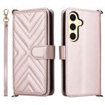 Custodia in pelle multifunzione con 6 slot per schede per Samsung Galaxy S25 5G e cinturino da polso (rosa)