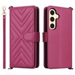 Custodia in pelle multifunzione con 6 slot per schede per Samsung Galaxy S25 5G e cinturino da polso (rosso rosa)