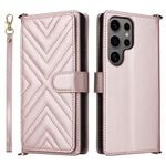 Custodia in pelle multifunzione con 6 slot per schede per Samsung Galaxy S25 Ultra 5G e cinturino da polso (rosa)