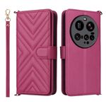Custodia in pelle multifunzionale con 6 slot per carte per Xiaomi 15 Ultra e cinturino da polso (rosso rosa)
