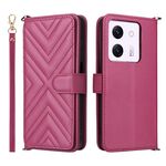 Custodia in pelle multifunzione con 6 slot per schede per Xiaomi Poco M7 Pro 5G e cinturino da polso (rosso rosa)
