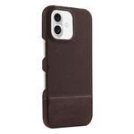 Custodia per iPhone 16 in PU ibrida con rivestimento in tessuto con cuciture MagSafe e magnete per PC (marrone scuro)